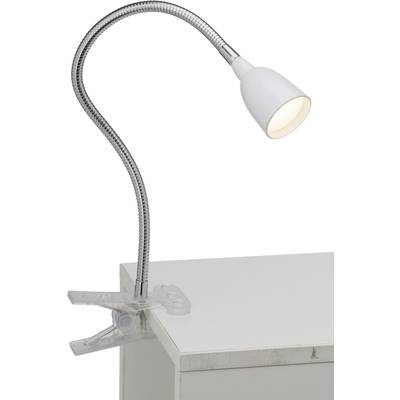 Biela stolová lampa s flexibilným krkom a svorkou na uchytenie na okraj stola.