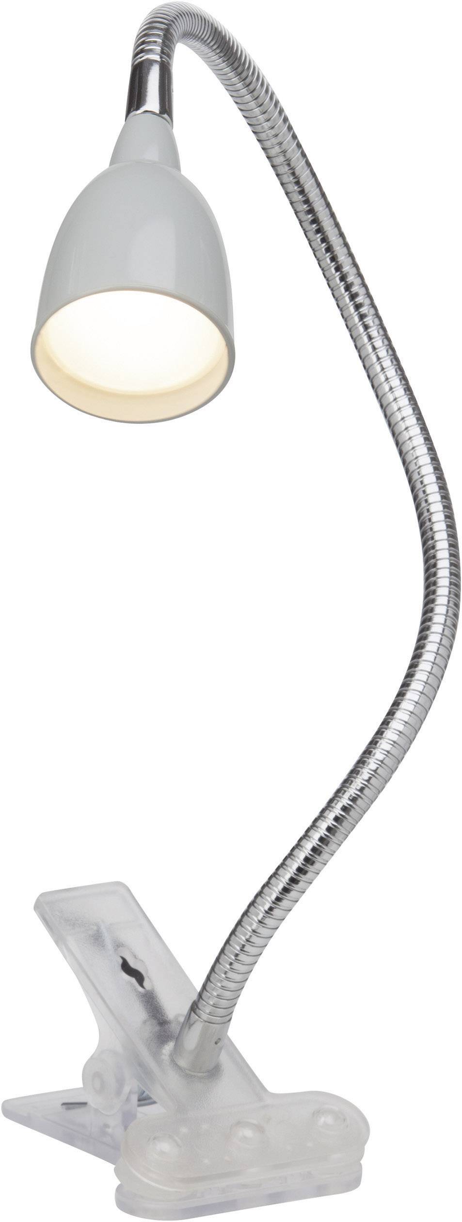 Flexibilná čítacia lampa s klipom a ohybným krkom. Lampa má biely povrch a dá sa nastaviť do rôznych uhlov.