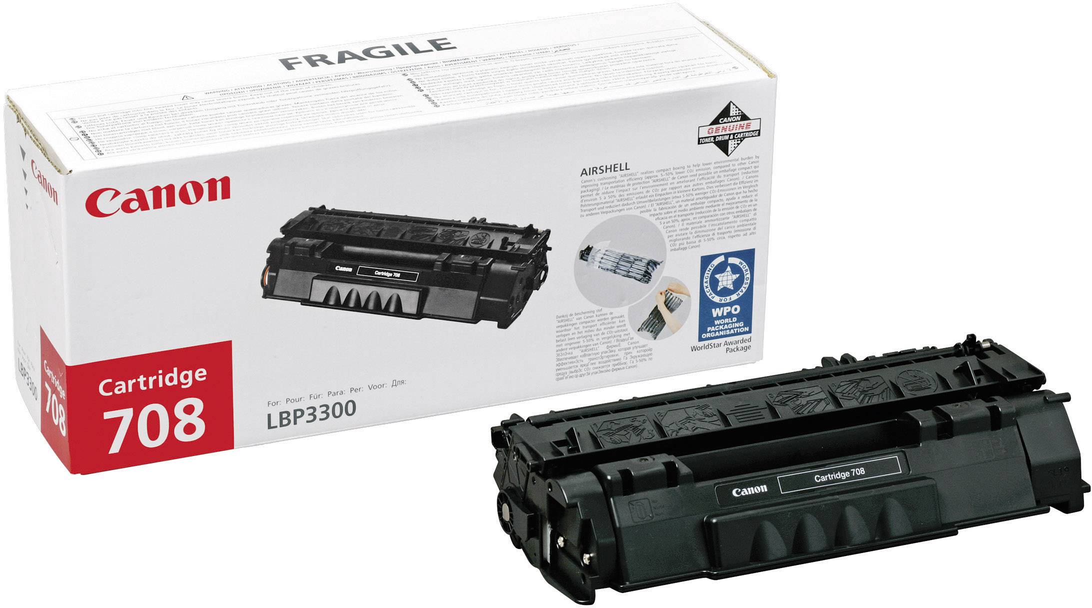 Canon 708 tonerová kazeta vedľa jej obalu, na ktorom je napísané 'FRAGILE' a 'Cartridge 708 LBP3300'.