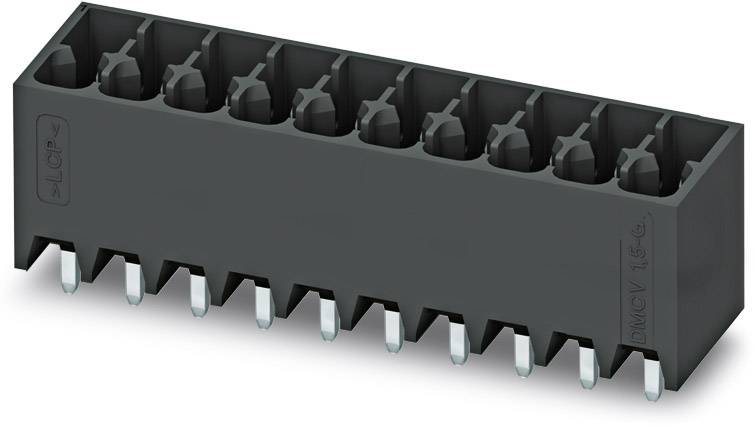 Elektrický konektor, čierny, obdĺžnikový, s desiatimi otvormi hore a desiatimi kovovými kolíkmi dole.