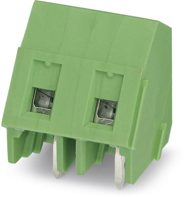Zelený konektor s dvoma kovovými kontaktmi dole, slúži na elektrické prepojenie drôtov alebo káblov.