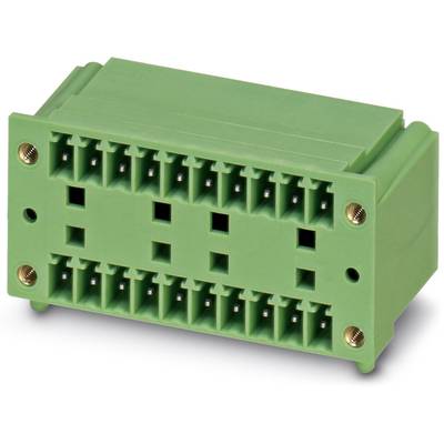Obdĺžnikový zelený konektor s dvoma radmi pripojovacích otvorov, vhodný pre elektronické aplikácie.