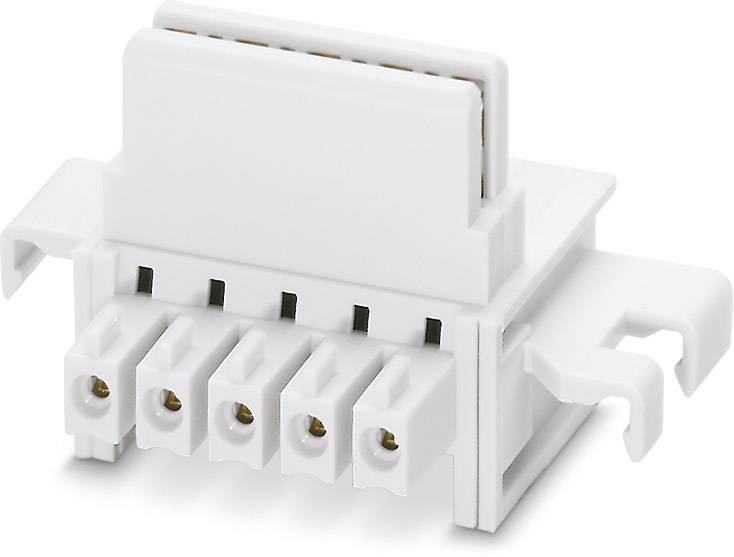 Biela konektorová svorka, 5-kolíková, otvorená z boku, vhodná pre elektronické zapojenie.