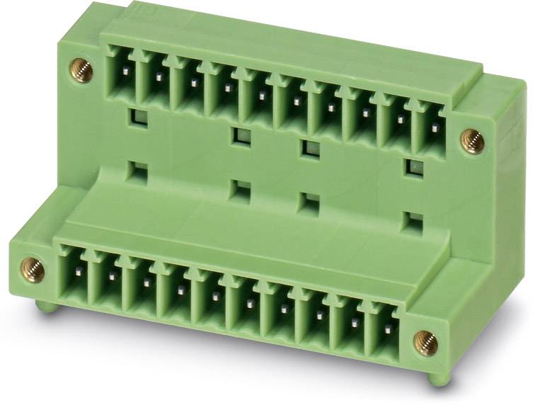 Zelený konektor s viacerými vývodmi v dvoch radoch, vhodný pre elektrické zapojenia alebo elektronické zariadenia.