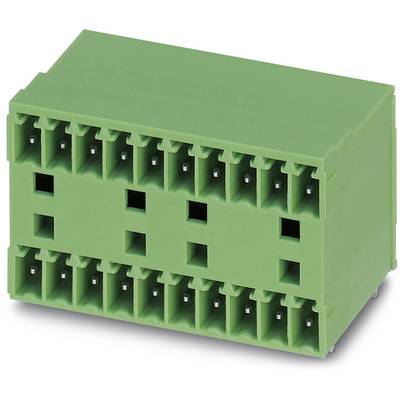 Zelený, obdĺžnikový konektor s viacerými pripojovacími otvormi, používaný na elektrické prepojenie v technických aplikáciách.