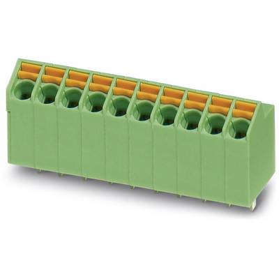 Zelený konektor s ôsmimi oranžovými pružinovými svorkami, vhodný pre elektrické káble a priemyselné použitie.
