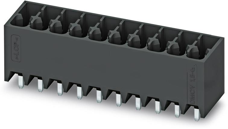 Čierne, obdĺžnikové elektronické konektorové rozhranie s desiatimi kovovými kolíkmi dole a desiatimi zásuvkami hore, používané pre dosky plošných spojov.