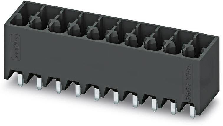 Čierny pripájací konektor s desiatimi kolíkmi a štvorcovými otvormi, vhodný pre elektronické alebo elektrické aplikácie.