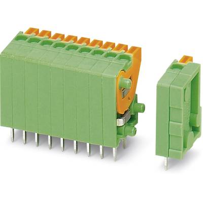 Zelené a oranžové konektory s kovovými kolíkmi, rozdelené na dva diely. Vhodné pre elektronické aplikácie.