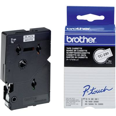 Čierna páska Brother P-touch (model TC-291) vedľa obalu. Text: 'BLACK WHITE', šírka: 9 mm.