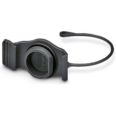 Čierna plastová krytka s upevňovacím krúžkom, slúži ako kryt pre RJ45 konektor, označená štítkom 'VS-RJ45'.