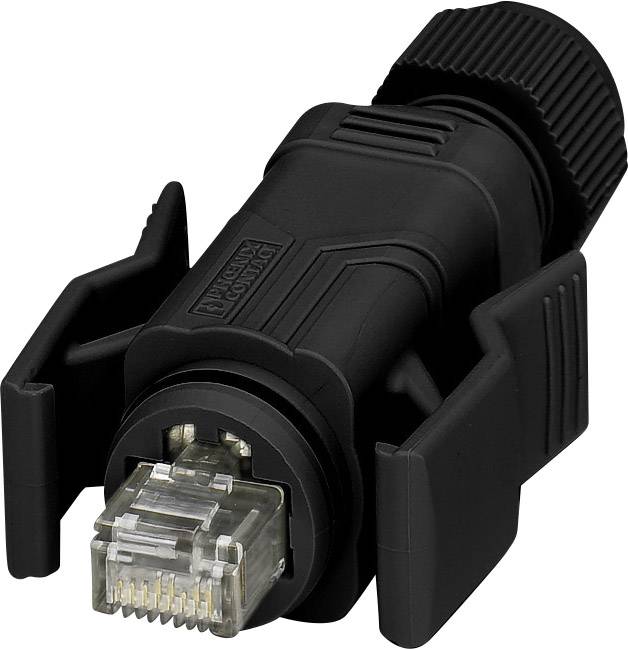 Čierny RJ45 konektor s ochranou kábla, používaný na sieťové pripojenie.