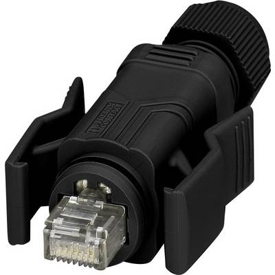 Čierny RJ45 konektor s ochranou kábla, používaný na sieťové pripojenie.