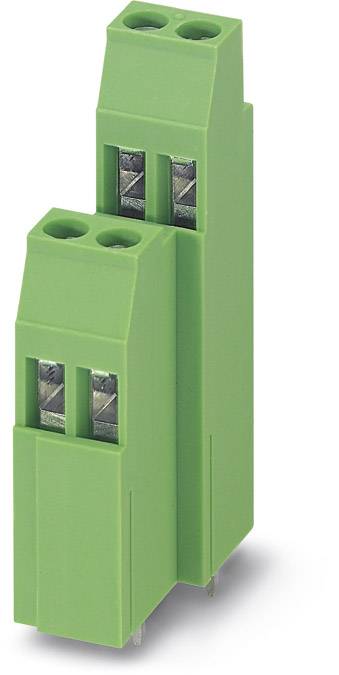 Dva zelené konektory s dvoma kovovými kontaktmi, vhodné na elektrické prepojenie dosiek plošných spojov.