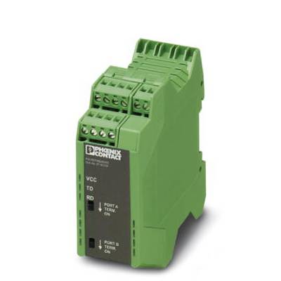 Zelené elektronické zariadenie od spoločnosti Phoenix Contact, pravdepodobne modul pre priemyselné aplikácie.