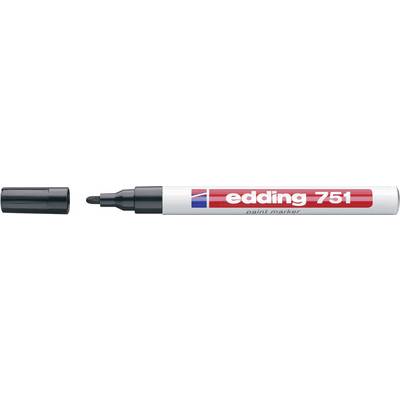 Červený popisovač na báze laku 'edding 751' so sňatým uzáverom, pričom je viditeľný čierny hrot.