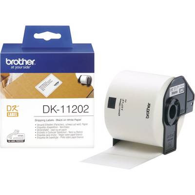 Balenie a rola Brother DK-11202 expedičných štítkov. Text na obale: 'Expedičné štítky - Čierna na bielej. 62x100 mm'.