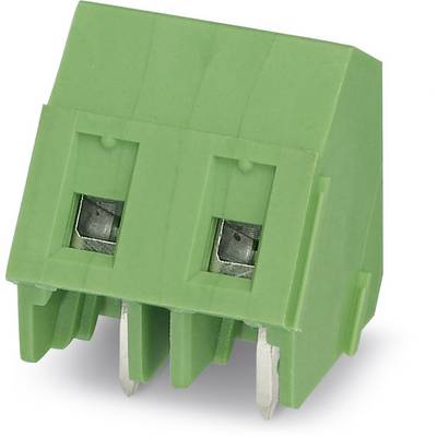 Zelený konektor s dvoma zásuvkami a kovovými kolíkmi dole. Používa sa v elektronických zariadeniach na prenos elektrického prúdu a dát.