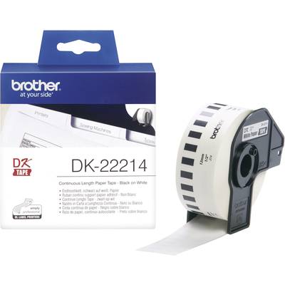 Balenie a kotúč Brother DK-22214 kontinuálnej papierovej etikety, čierne na bielom pozadí, zobrazené pred bielym pozadím.