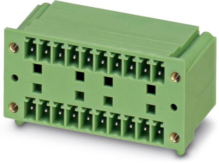 Zelený elektrický konektor s viacerými konektormi v dvoch radoch, používaný v priemyselných aplikáciách.