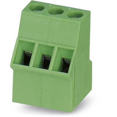 Zelený trojpólový konektor pre elektronické obvody, so skrutkovými svorkami na pripojenie káblov.