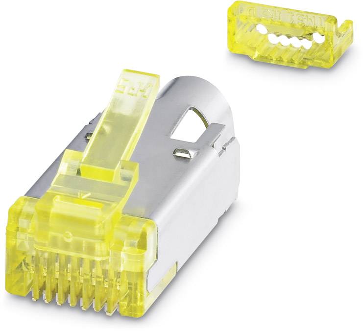 Sieťový konektor so žltým krytom, vhodný pre ethernetové káble. Zobrazuje modulárny RJ45 dizajn pre sieťové pripojenia.