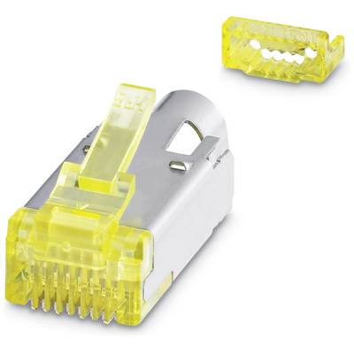 Sieťový konektor so žltým krytom, vhodný pre ethernetové káble. Zobrazuje modulárny RJ45 dizajn pre sieťové pripojenia.