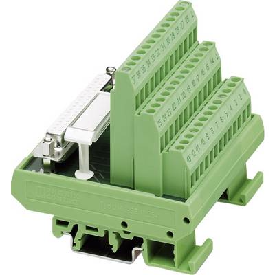 Viacvrstvový zelený blok konektorov s číslovanými pripojeniami, namontovaný na koľajnicovom adaptéri, pre elektrickú kabeláž.