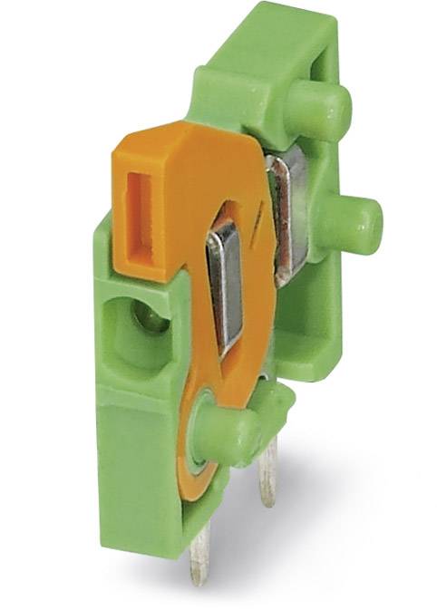 Malý zelený elektrický konektor s oranžovou pákou, používaný na elektrické prepojenie; pohľad z boku.