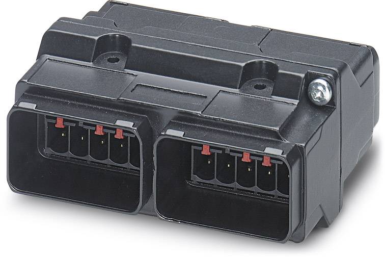 Čierny elektronický konektor s dvoma obdĺžnikovými prípojkami a niekoľkými kovovými kolíkmi.