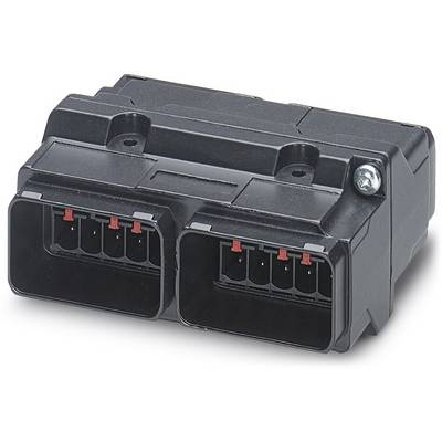 Čierny elektronický konektor s dvoma obdĺžnikovými prípojkami a niekoľkými kovovými kolíkmi.