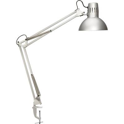 Stolová lampa s dlhým nastaviteľným ramenom a strieborným kovovým tienidlom, uchytená na hrane stola.