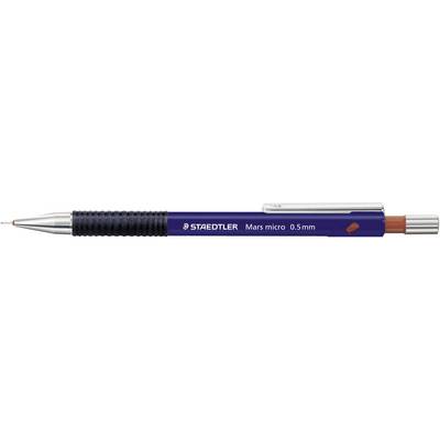 Tmavmodrá mechanická ceruzka značky 'STAEDTLER Mars micro 0,5 mm' s gumeným úchopom a odnímateľnou kovovým klipom.