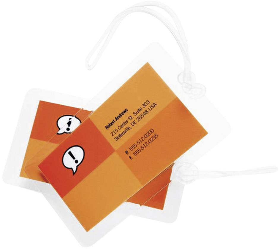 Dva oranžové batožinové visačky s bielymi symbolmi v podobe výsečových poznámok a kontaktnými údajmi; priehľadné slučky na pripevnenie.