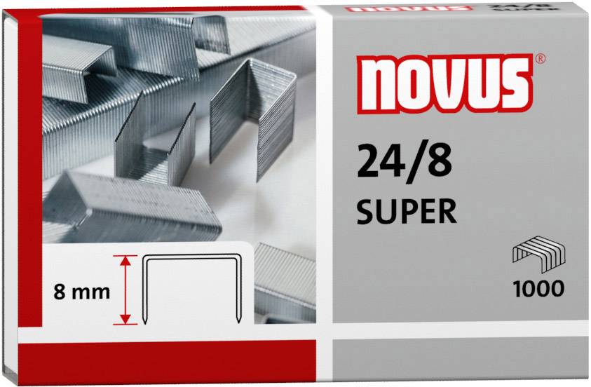 Balenie obsahuje 1000 kancelárskych spiniek Novus 24/8 Super s dĺžkou 8 mm.