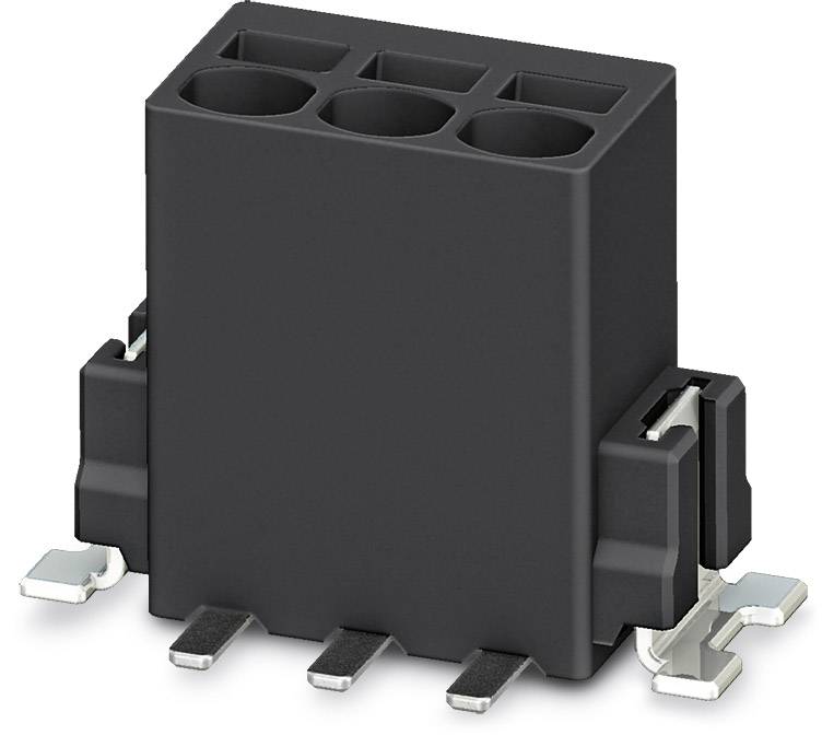 Čierna, obdĺžniková elektrická súčiastka s piatimi kovovými vývodmi, používaná v elektronických zariadeniach na prepojenie.