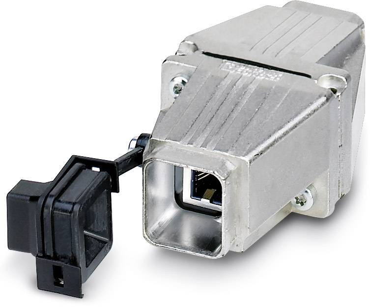Strieborný USB konektor v kovovom puzdre s ochranným krytom, vhodný pre technické aplikácie alebo priemyselné použitie.