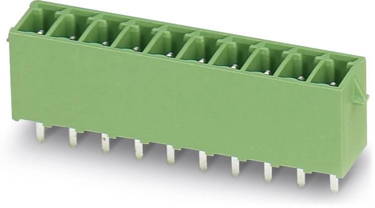 Zelený elektrický konektor s desiatimi pinmi, vhodný pre montáž na dosku plošných spojov.