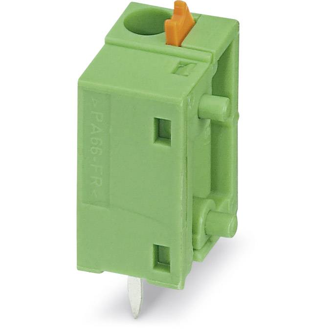 Zelený elektrický konektor s oranžovou poistkou, vhodný na montáž na dosky plošných spojov.