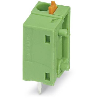 Zelený elektrický konektor s oranžovou poistkou, vhodný na montáž na dosky plošných spojov.