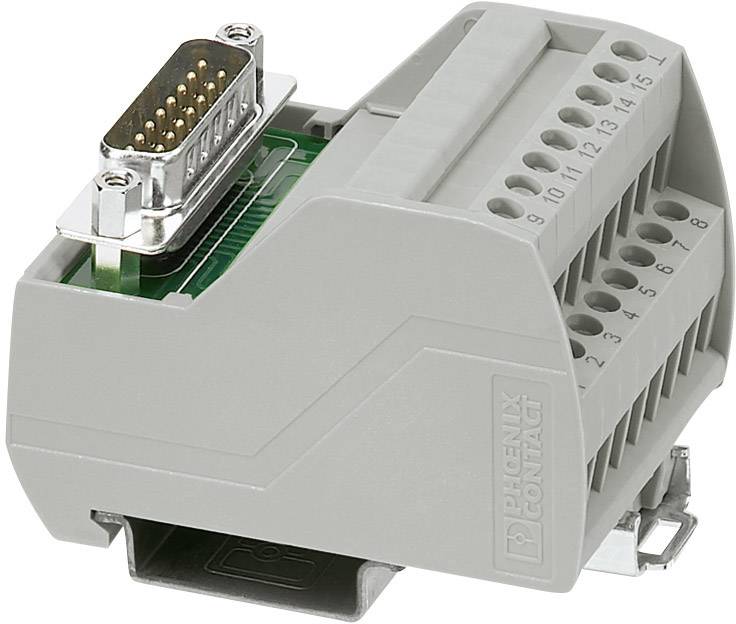 Sivý elektrický konektor s 12 číslovanými vývodmi a DB9 konektorom, určený na prepájanie káblov v rozvádzačoch.