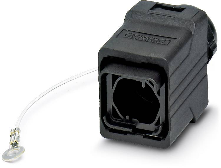 Čierny, obdĺžnikový elektrický konektor s priehľadným káblom a kovovým krúžkom.