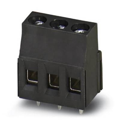 Čierny, trojpólový elektrický konektor vhodný pre montáž na dosku plošných spojov, s tromi kruhovými otvormi a kovovými kontaktmi.