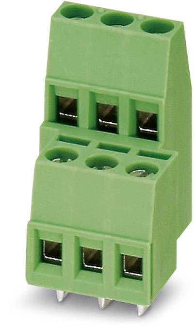 Zelený doska plošných spojov konektor so šiestimi pripojeniami a kolíkmi pre elektronické prepojenia.