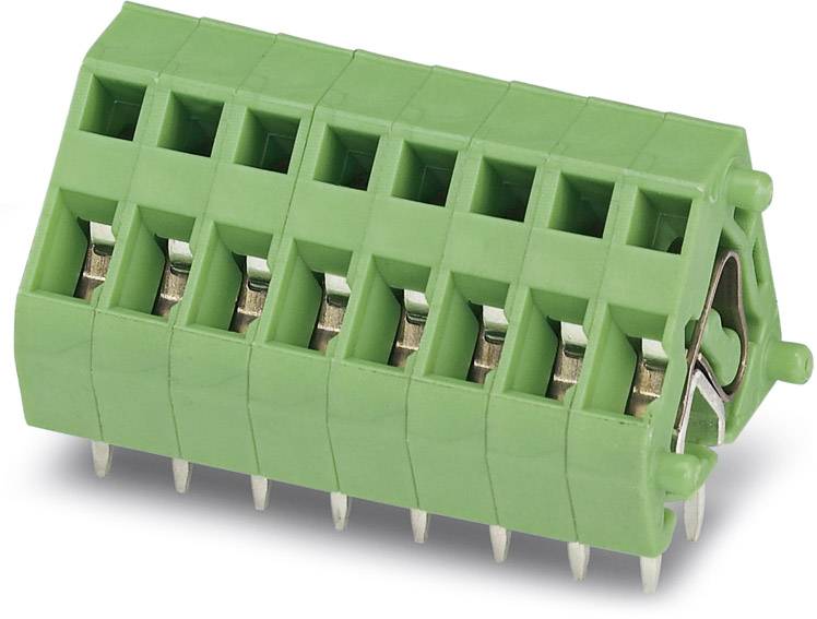 Zelený elektrický konektor s viacerými zásuvkami a kovovými kolíkmi, určený na použitie v elektronických obvodoch.
