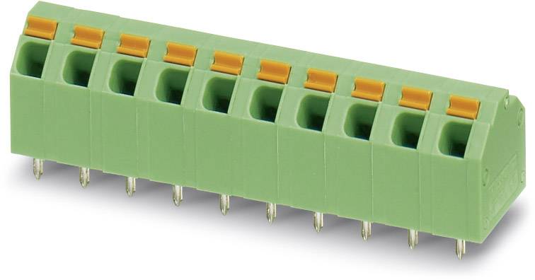 Zelený, osempolový doska-konektor s oranžovými pákami. Používa sa na elektrické prepojenia.