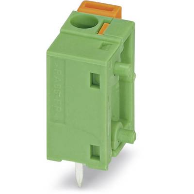 Zelený elektrický konektor s oranžovou svorkou, pohľad z boku. Vhodný pre aplikácie na doske plošných spojov.