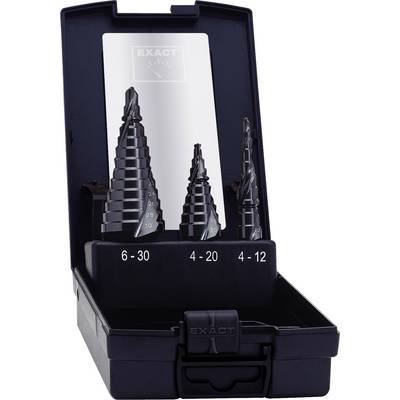 Otvorený čierny kufrík s tromi stupňovitými vrtákmi rôznych veľkostí: 6-30 mm, 4-20 mm, 4-12 mm.