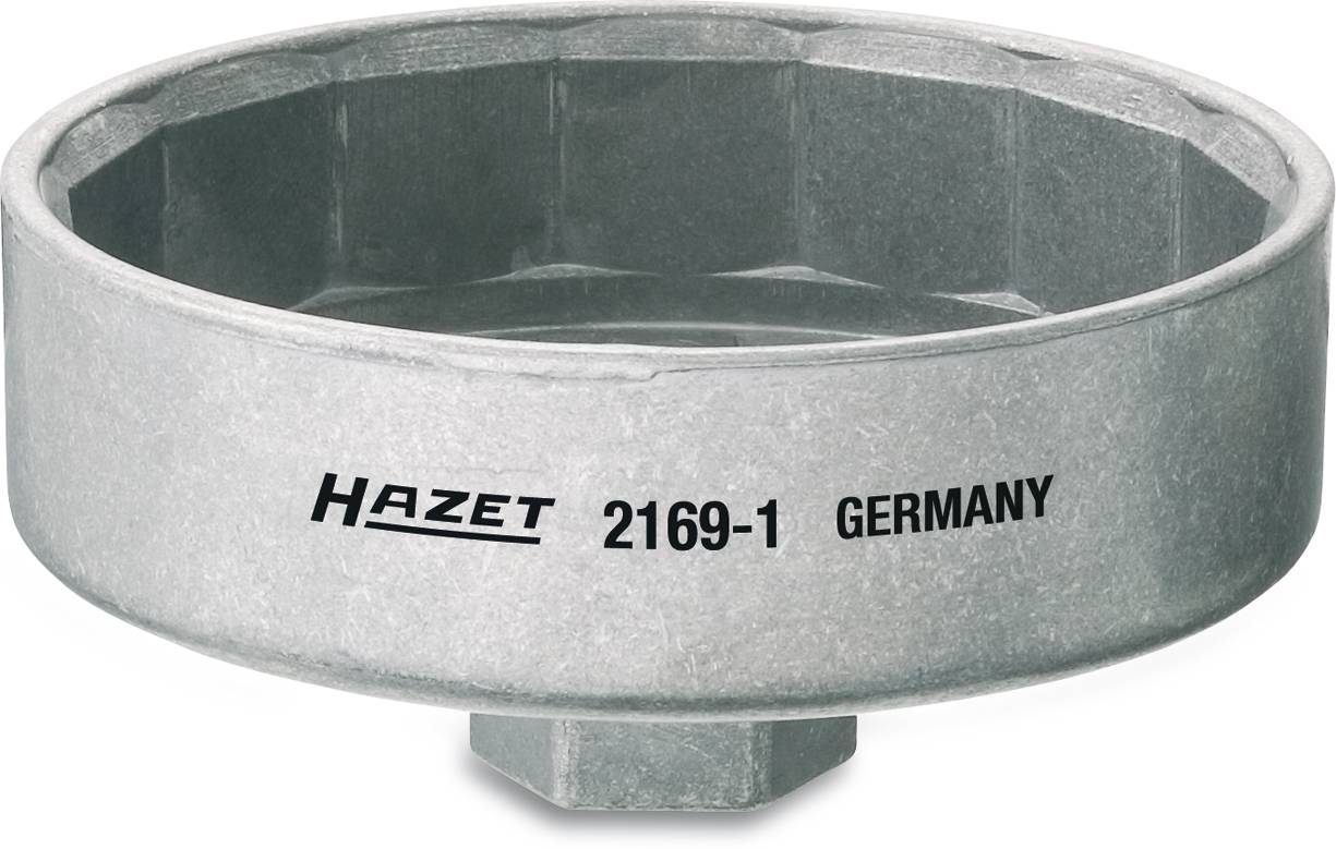 Kovový kľúč na olejový filter s nápisom 'Hazet 2169-1 Germany', šesťhranného tvaru, určený na vyberanie olejových filtrov.