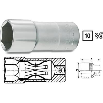 Šesťhranný nástrčný kľúč s prierezovým diagramom a rozmermi 10 mm a 3/8 palca.